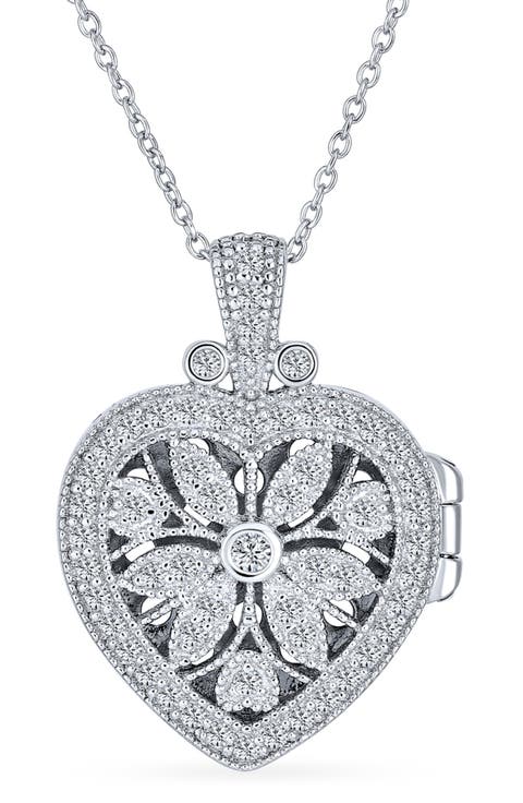 Sterling Silver & CZ Vintage Flower Heart Locket Necklace