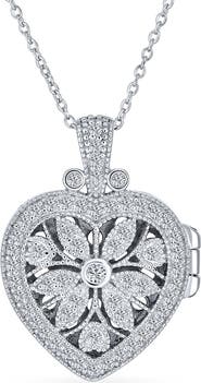 BLING JEWELRY Sterling Silver & CZ Vintage Flower Heart Locket Necklace