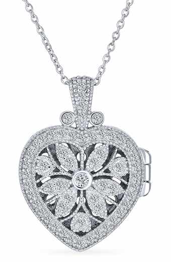 Sterling Silver & CZ Vintage Flower Heart Locket Necklace