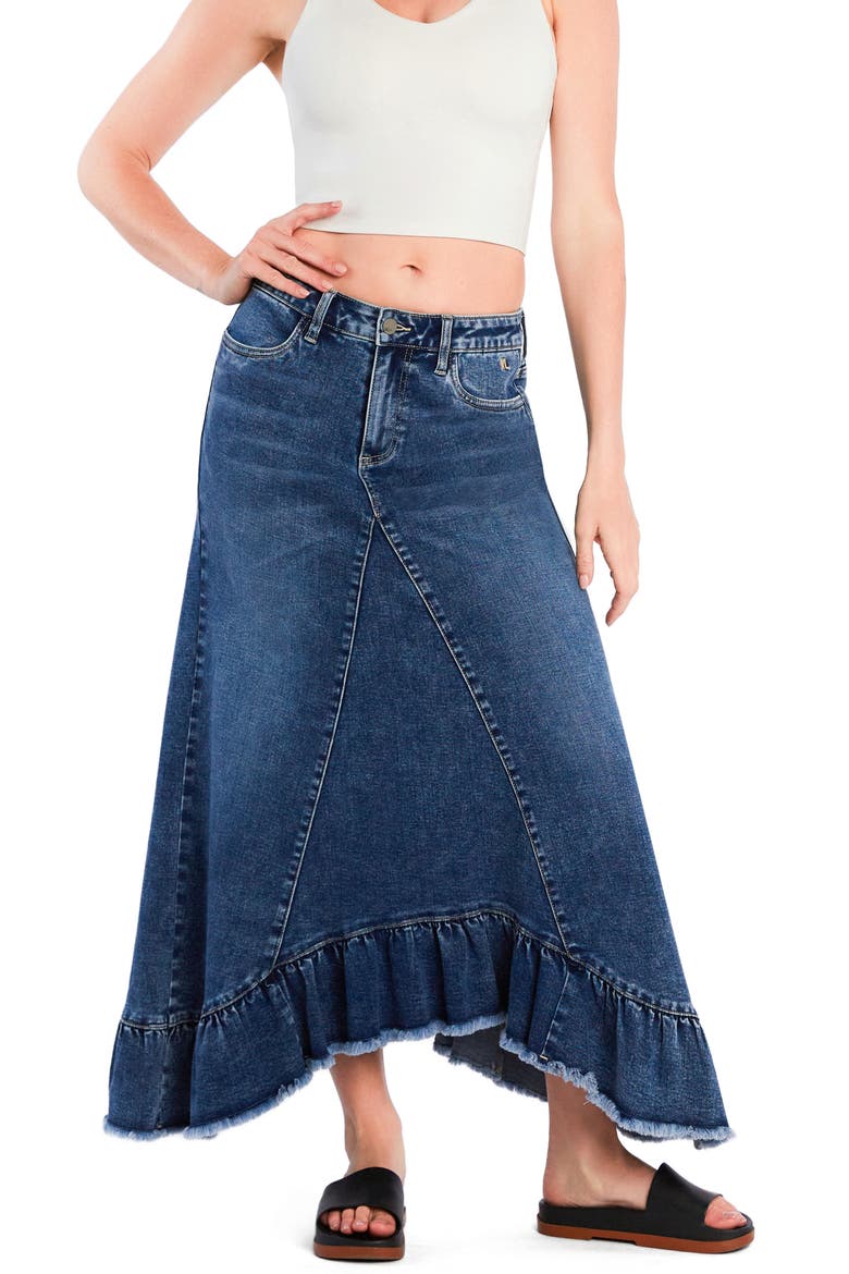 Pieced Ruffle Denim Maxi Skirt, Alternate, color, SHARK BLUE
