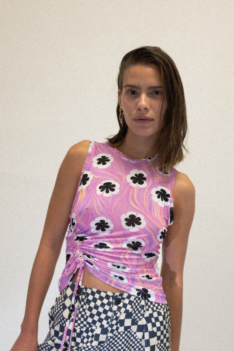Noda Asymmetric Ruched Silky Jersey Floral Fitted Tank, Alternate, color, Opia Rose