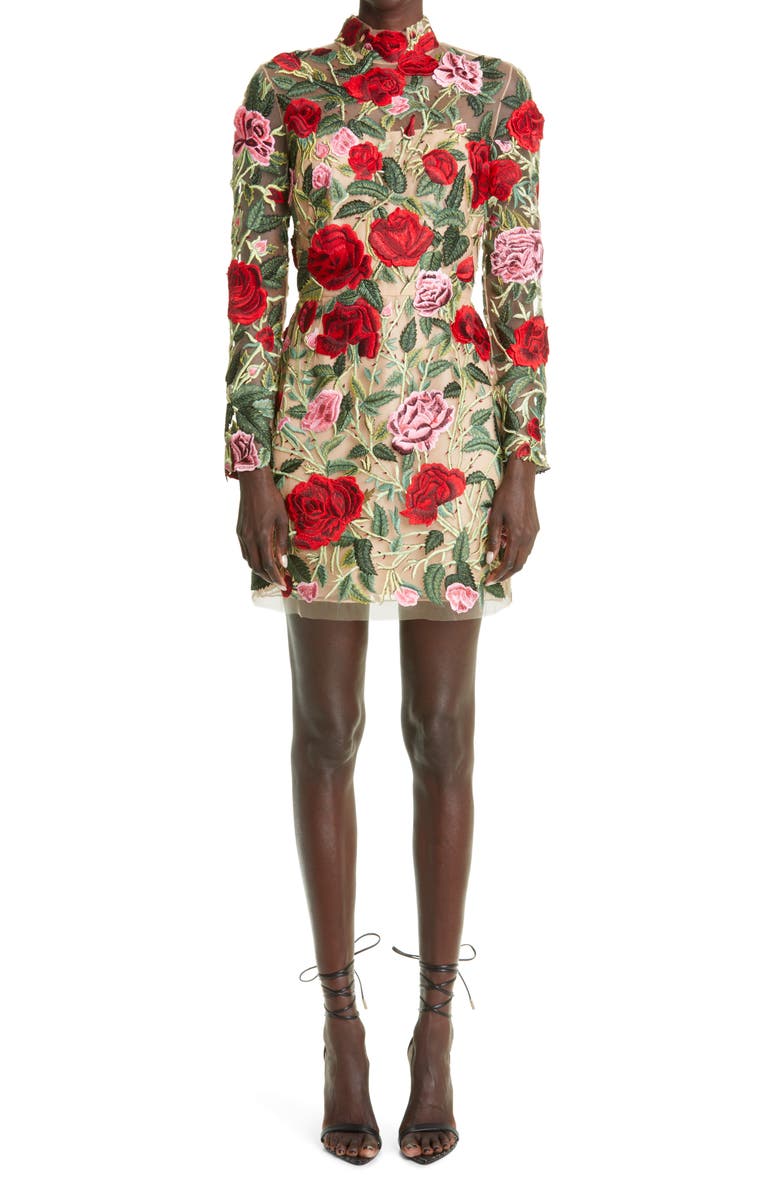 Oscar de la Renta Floral Embroidered Long Sleeve Cocktail Minidress, Main, color, 