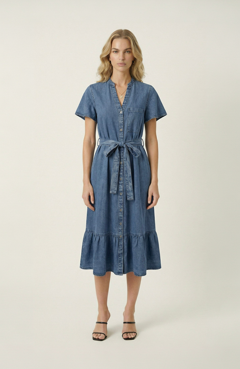 Modenaire Belted Denim Ruffle Hem Dress, Main, color, Medium Wash Blue