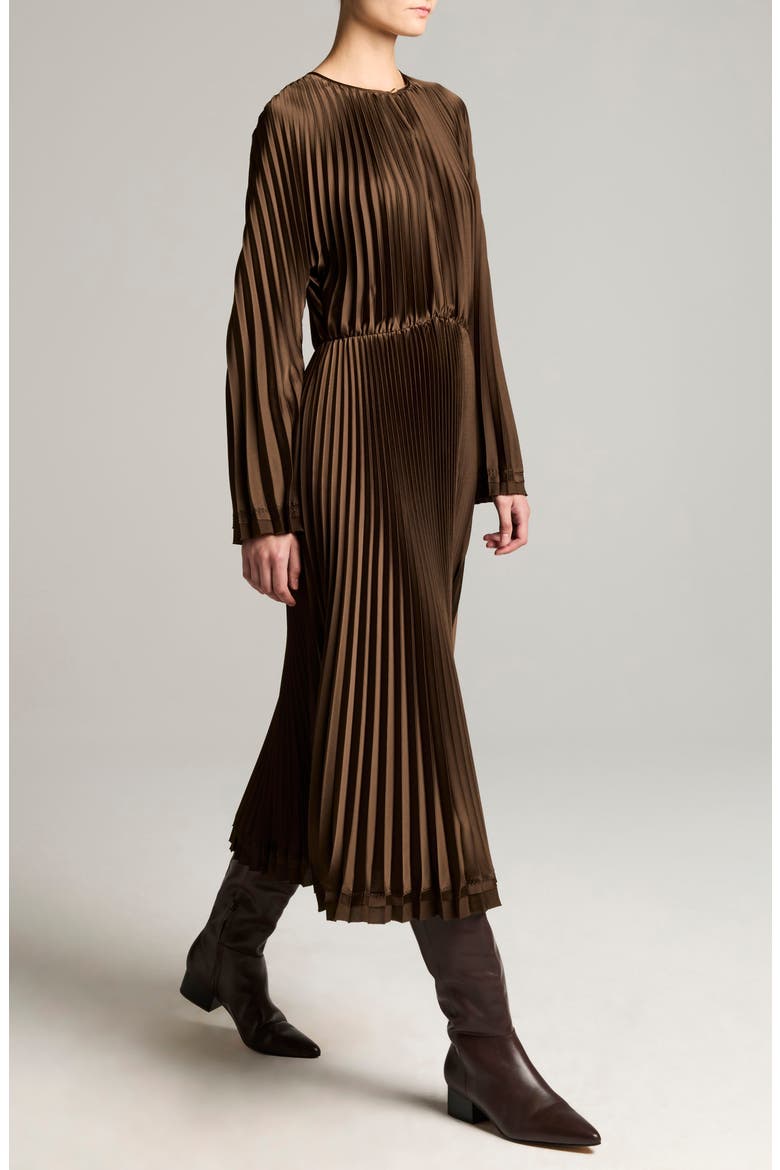 Pleated Long Sleeve Dress, Alternate, color, PINEWOOD