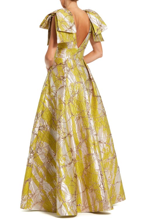 Mac Duggal Layered Shoulder Metallic Jacquard A-line Gown In Multi