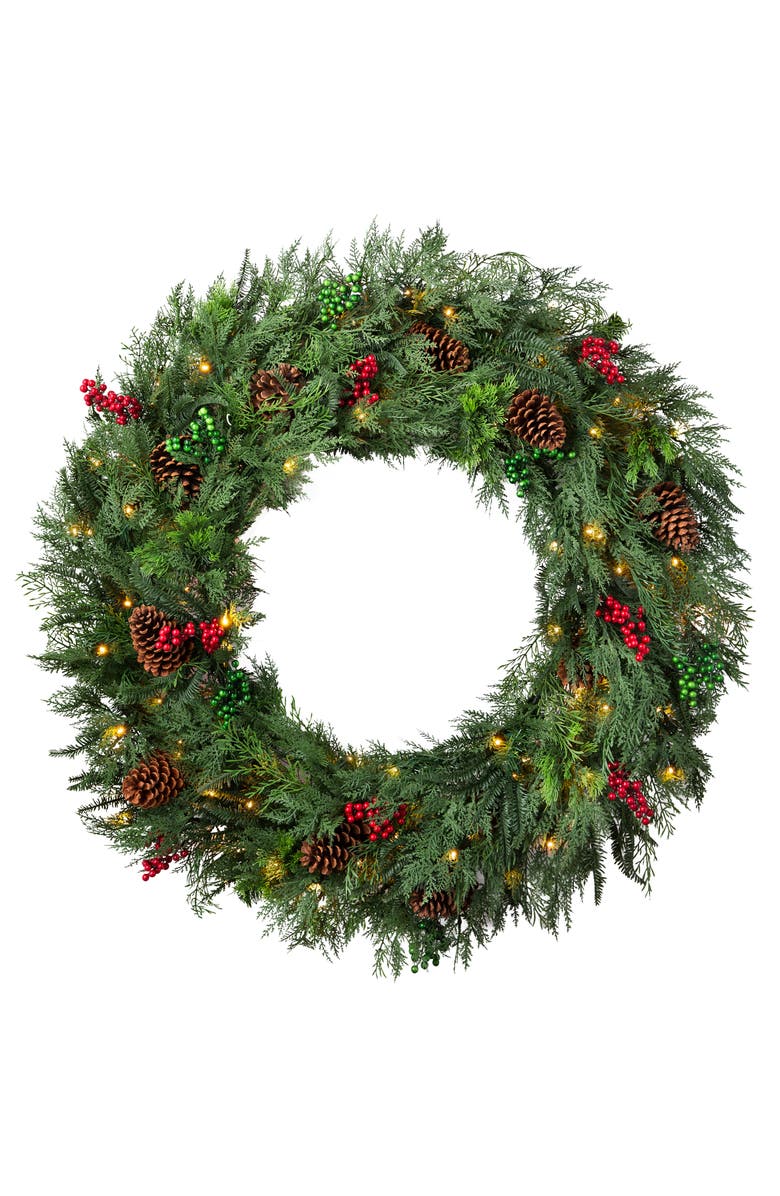 Balsam Hill Winter Evergreen Artificial LED Light Outdoor Wreath, Main, color, Green