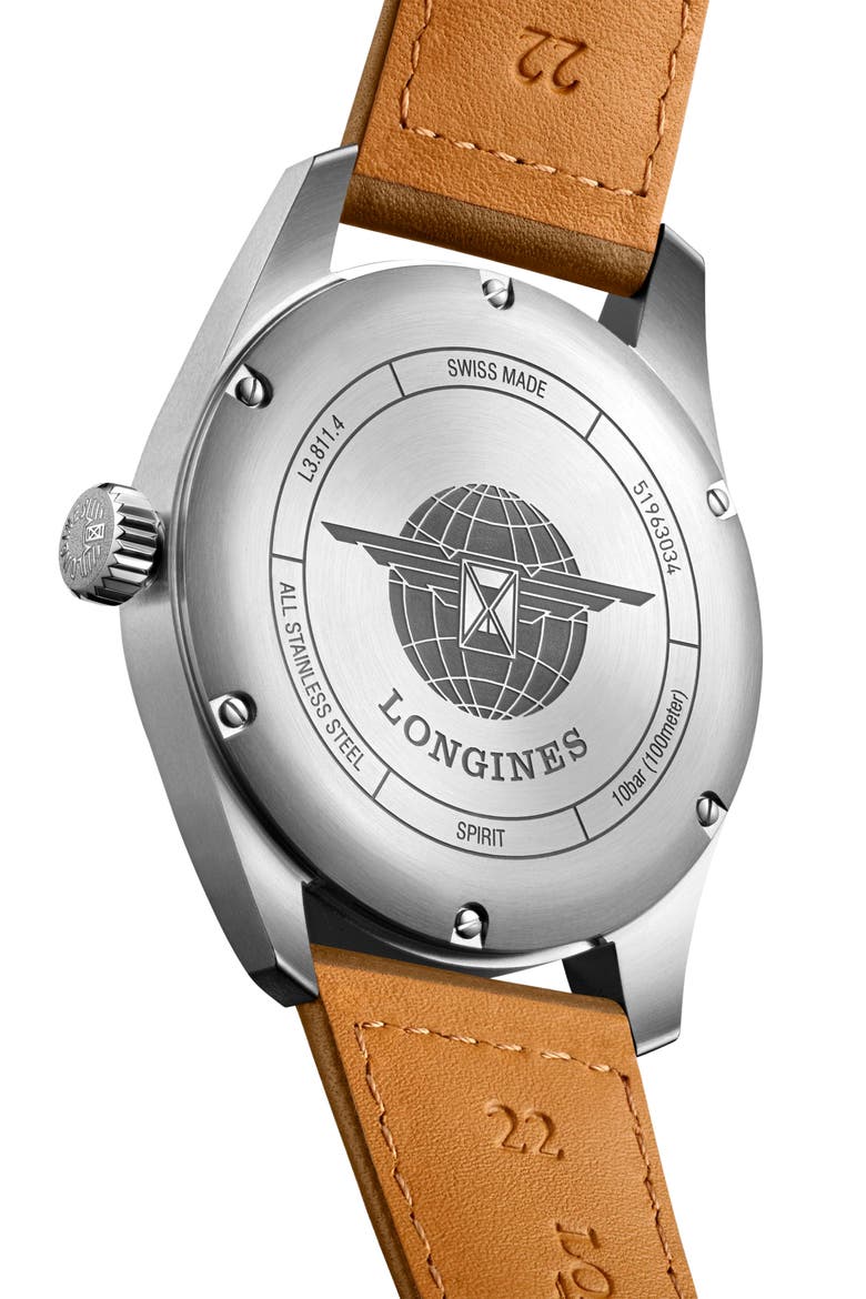 Spirit Automatic Leather Strap Watch, 42mm, Alternate, color, TAN/ SILVER