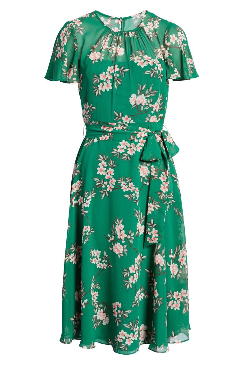 Floral Flutter Sleeve Chiffon Dress, Alternate, color, GREEN