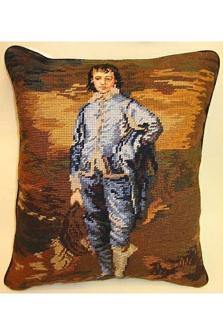 Blue Boy Needlepoint Pillow, Main, color, Brown