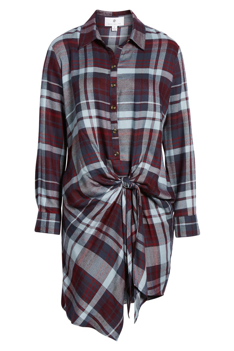 Plaid Tie Waist Shirtdress, Alternate, color, WINE/ BLUE