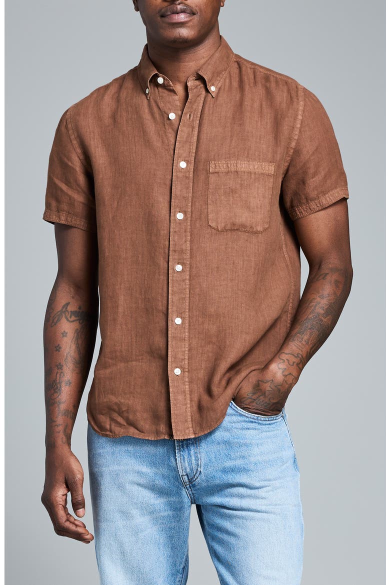 Tuscumbia Short Sleeve Linen Button-Down Shirt, Main, color, OAK BROWN