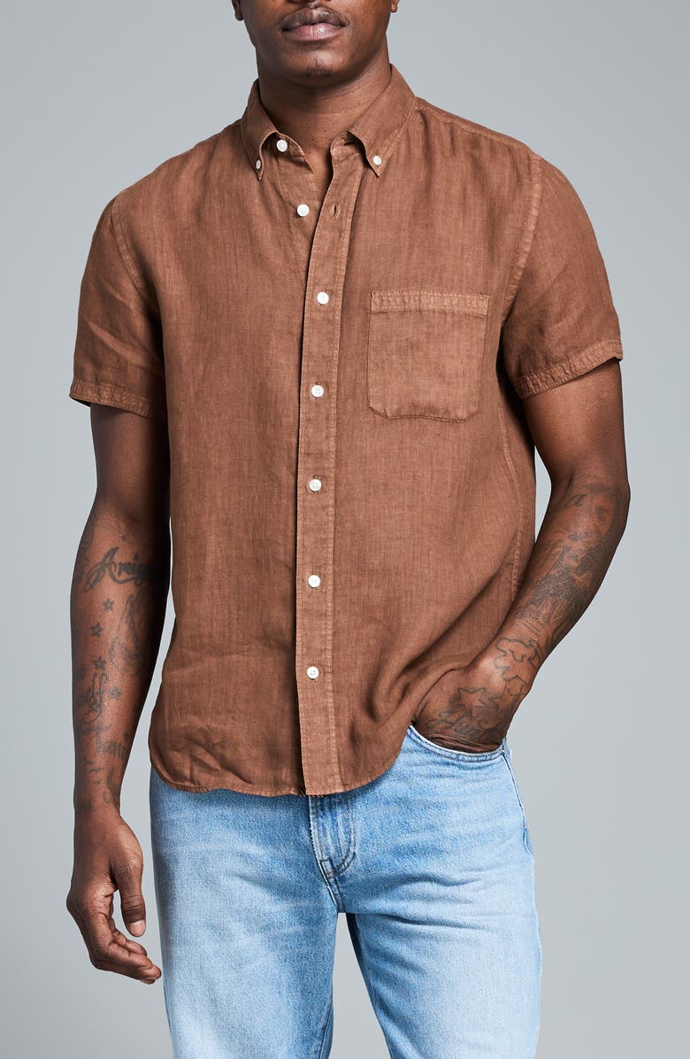 Billy Reid Tuscumbia Short Sleeve Linen Button-Down Shirt, Main, color, Oak Brown