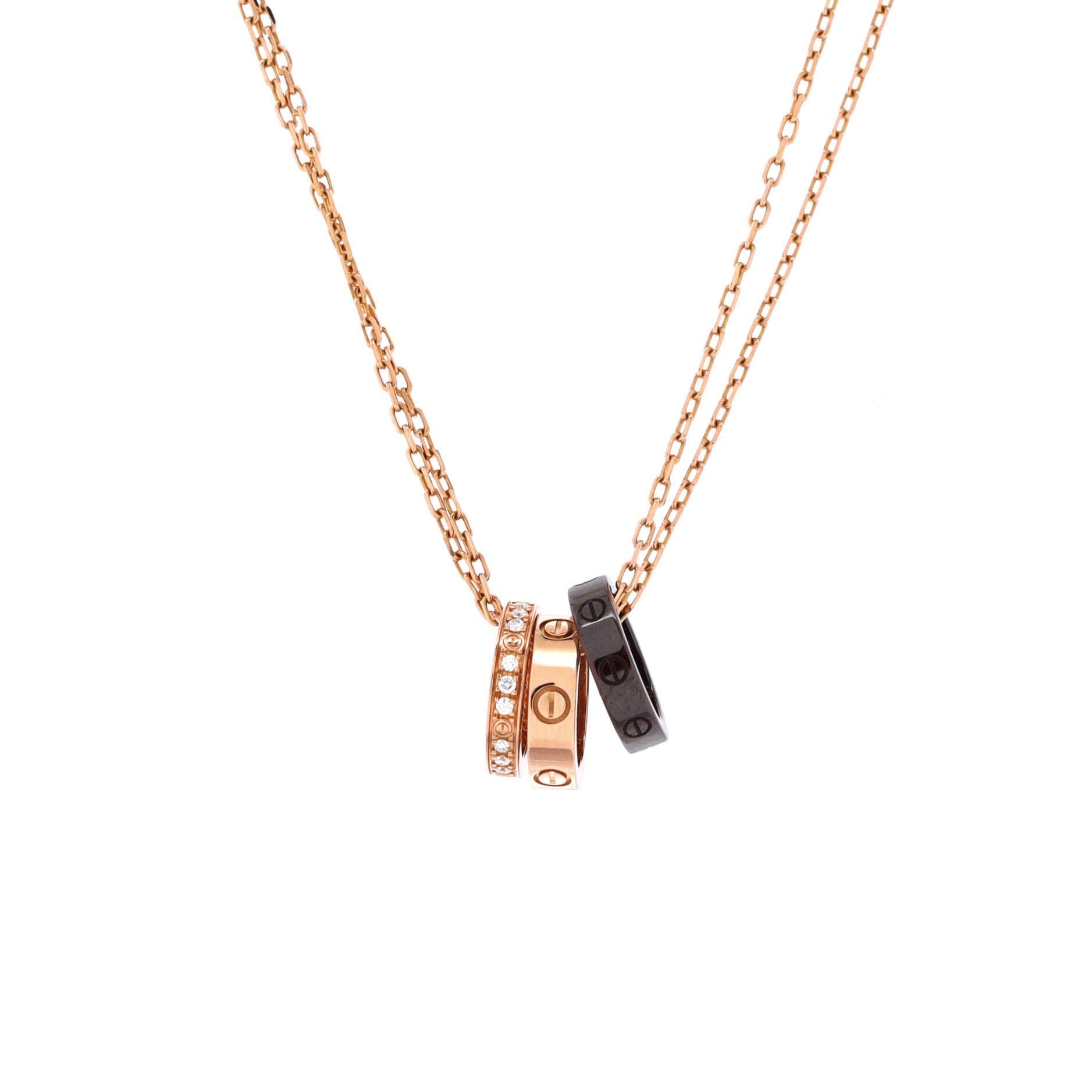 Love 3 Ring Pendant Necklace 18K Rose Gold and Ceramic with Diamonds, Main, color, Metallic Gold