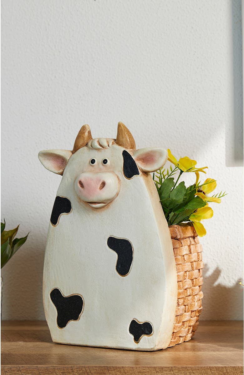 Glitzhome MGO Cute Cow Statue Planter Table Figurine, Alternate, color, White