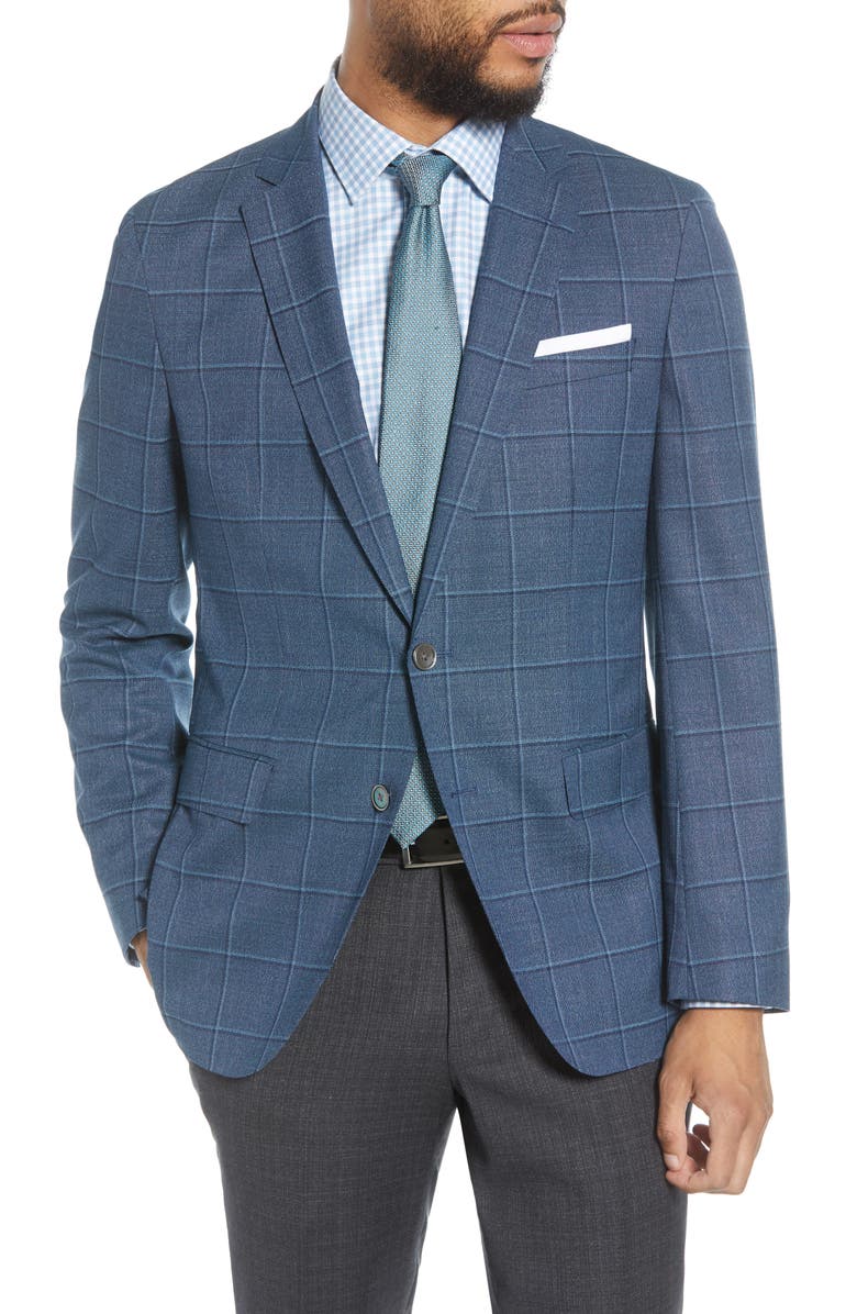 BOSS Hartlay Trim Fit Windowpane Wool Sport Coat, Main, color, Teal