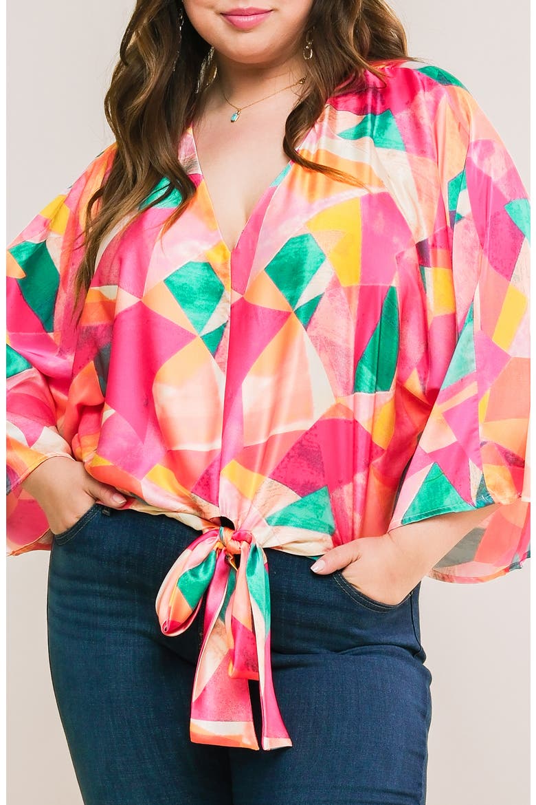 Tie Front Print Top, Alternate, color, FUCHSIA TURQUOISE