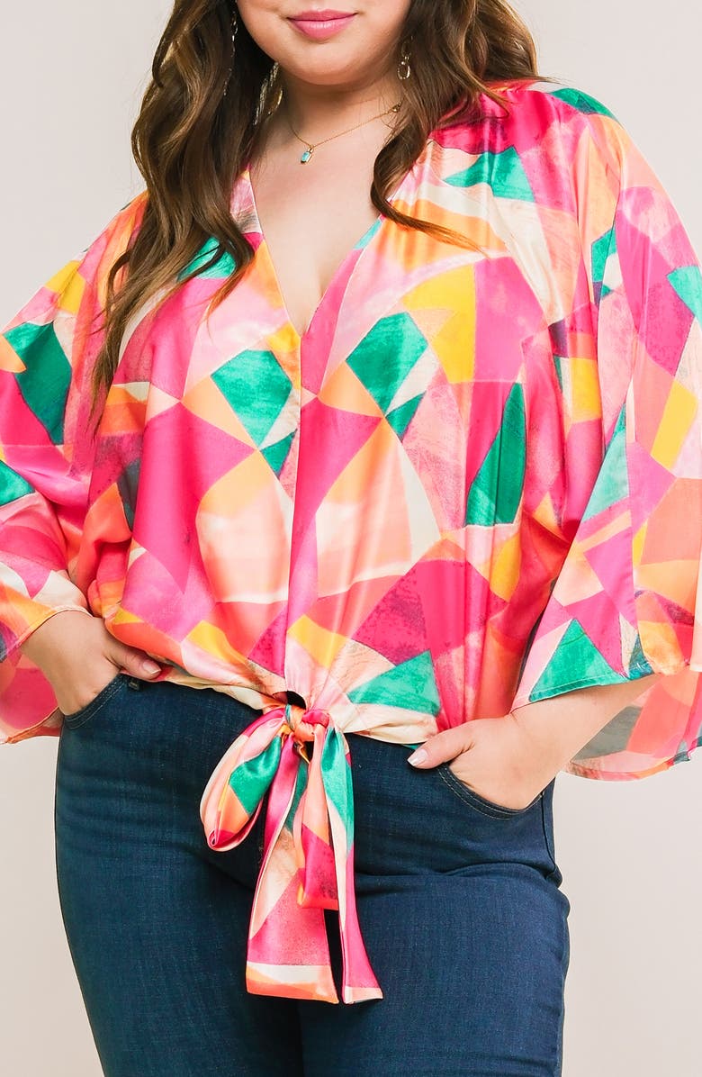 FLYING TOMATO Tie Front Print Top, Alternate, color, Fuchsia Turquoise