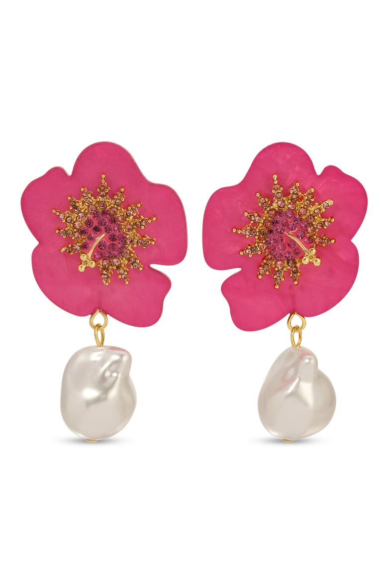Flower Faux Pearl Drop Earrings, Main, color, GOLD