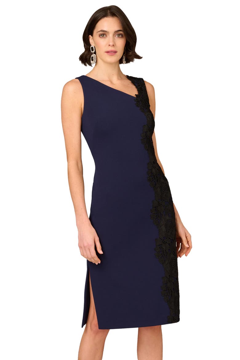 Lace Trim Crepe Midi Cocktail Dress, Alternate, color, NAVY/ BLACK