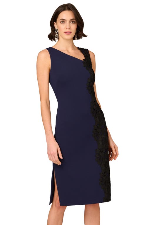 Aidan Mattox By Adrianna Papell Lace Trim Crepe Midi Cocktail Dress In Blue