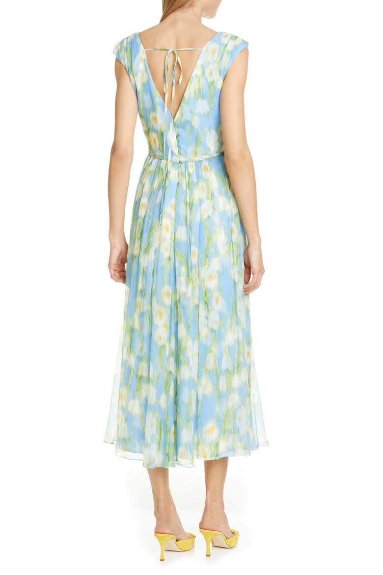 Floral Print V-Neck Silk Midi Dress, Alternate, color, CIELO MULTI