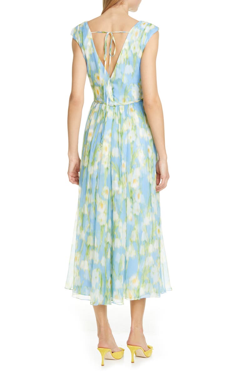 Carolina Herrera Floral Print V-Neck Silk Midi Dress, Alternate, color, 