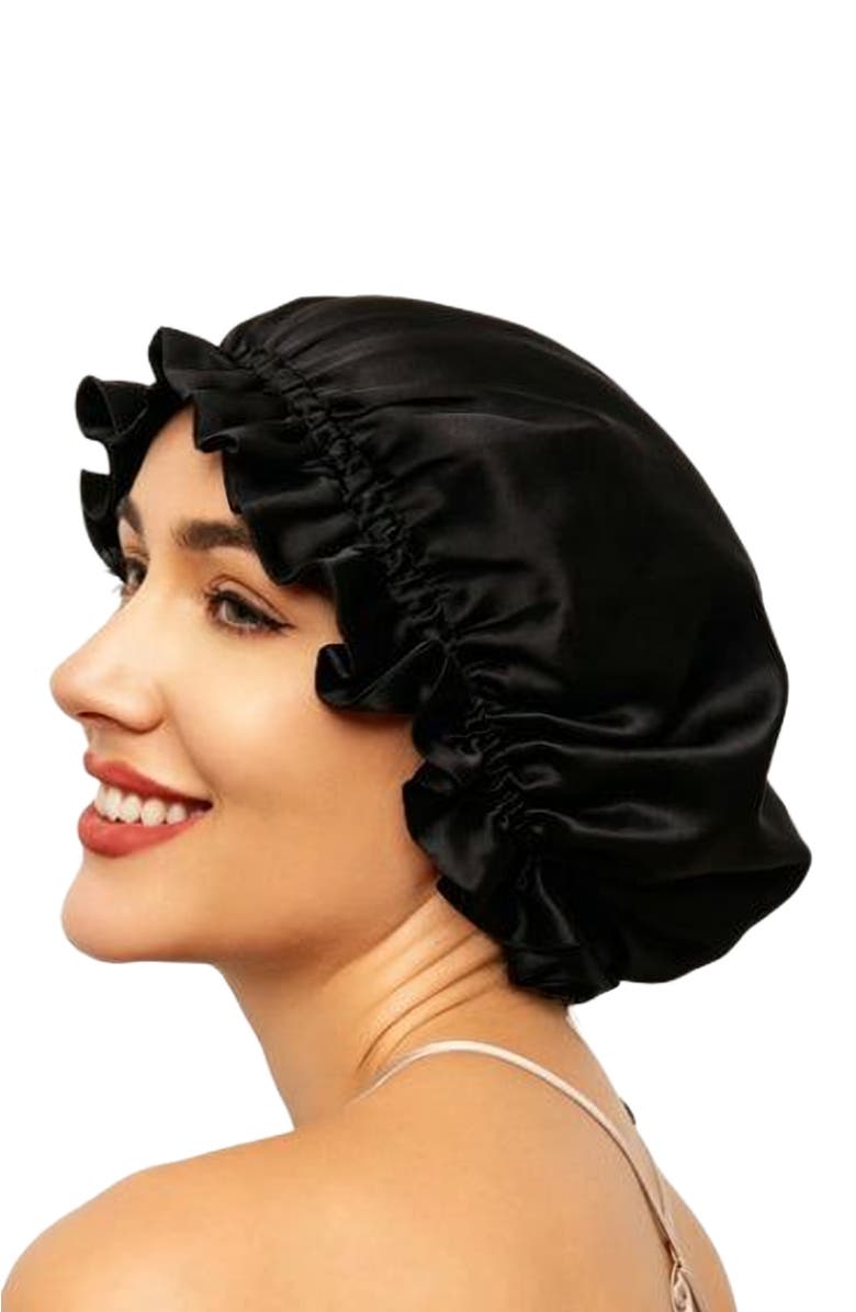 SILKSILKY Pure Silk Double Layer Bonnet with Ribbon, Alternate, color, Black