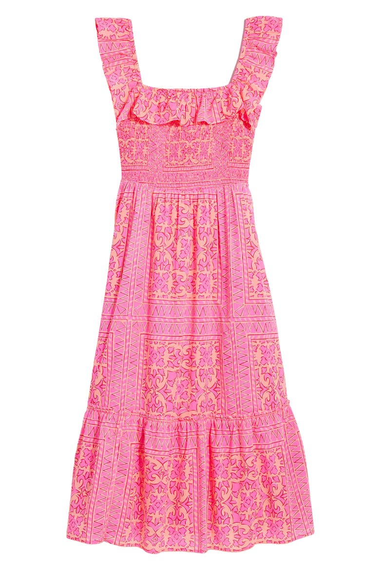 Mix Print Smocked Ruffle Cotton Midi Dress, Alternate, color, KNOCKOUT PINK