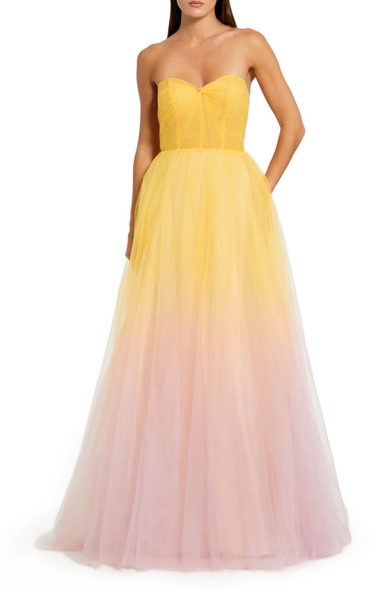 Mac Duggal Strapless Sweetheart Ombre Tulle Ballgown, Main, color, Pink Lemonade