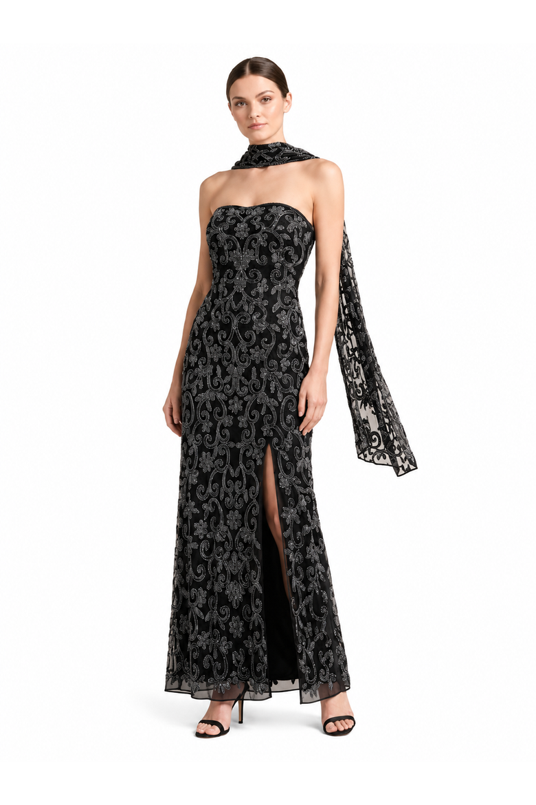 Strapless Beaded Gown with Scarf, Alternate, color, Black