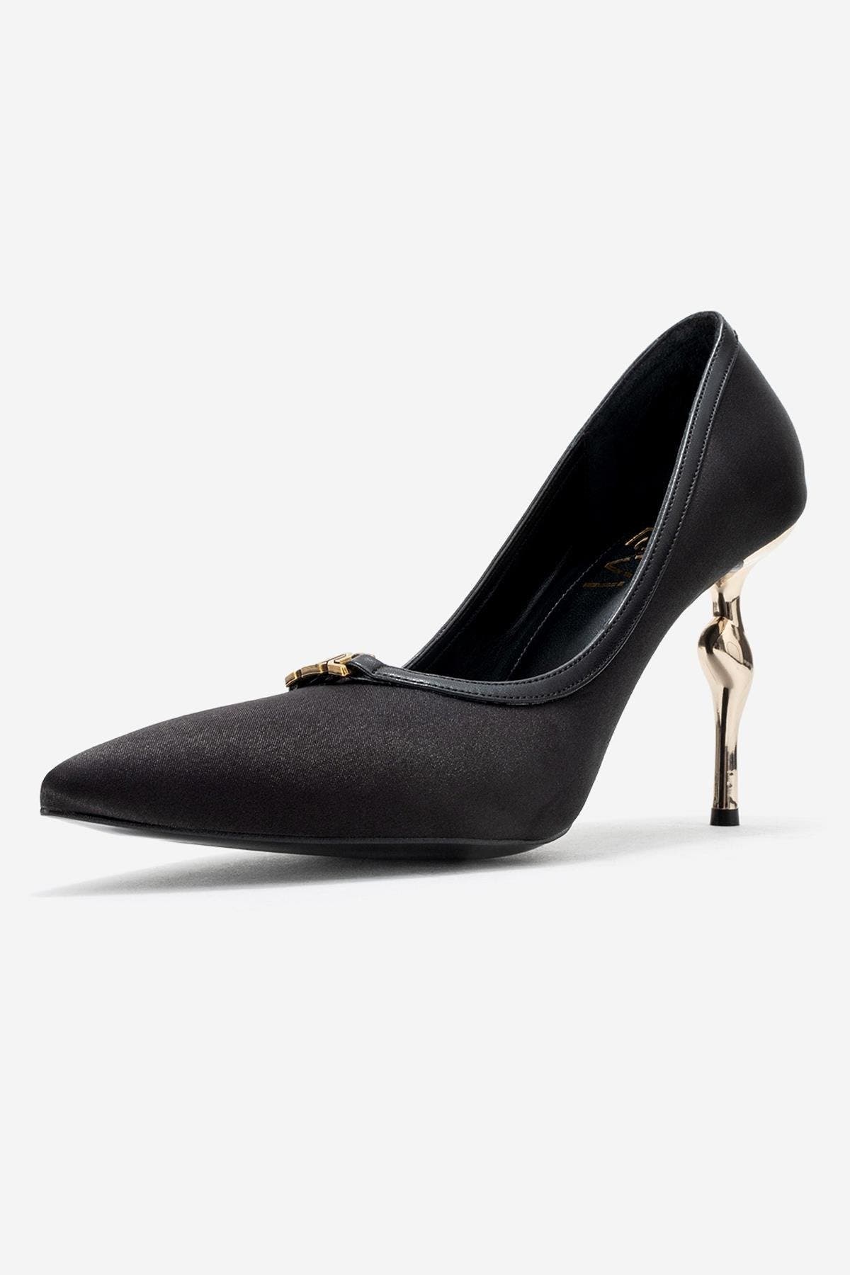 Prologue Shoes Milos Buckle Pointed Toe Pump, Alternate, color, Black Satin