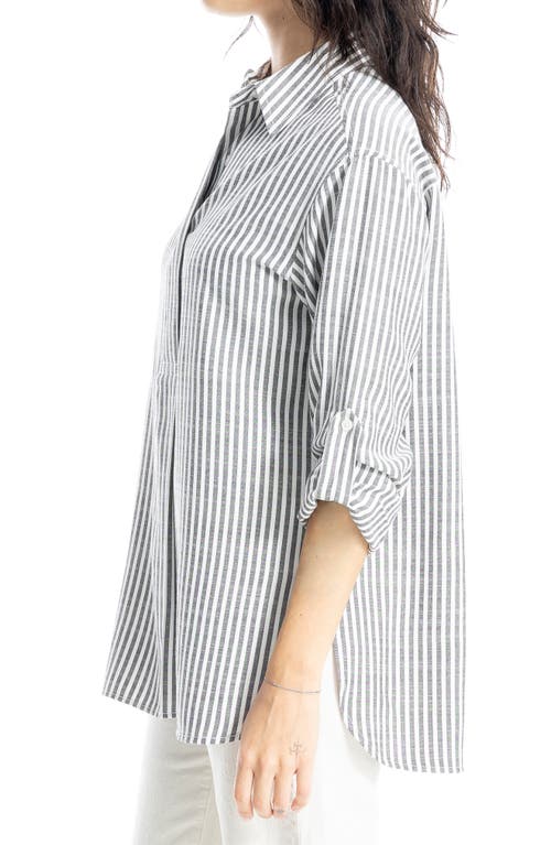 Max Studio Stripe Oversize Long Sleeve Button-up Tunic In Black Framed Stripe