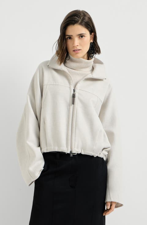 Hand-crafted bomber jacket in virgin wool double cloth with monili