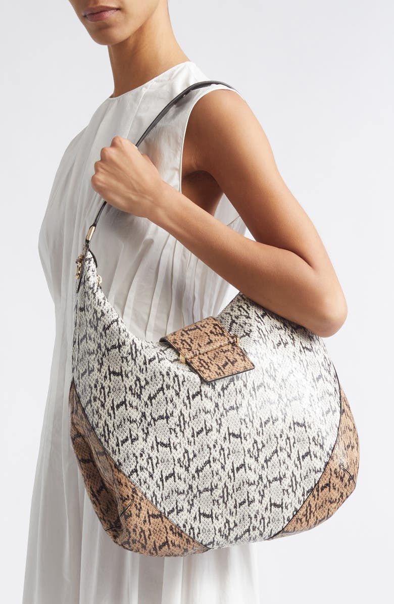 Jimmy Choo Medium Bar Snakeskin Embossed Leather Hobo Bag, Alternate, color, Roccia/ Chai/ Shiny Gold