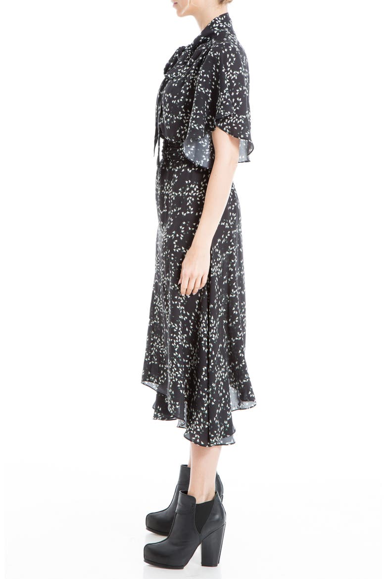 Tie Neck Flutter-Sleeve Dress, Alternate, color, BLACK/ SAGE TOSSED TRIANGLES