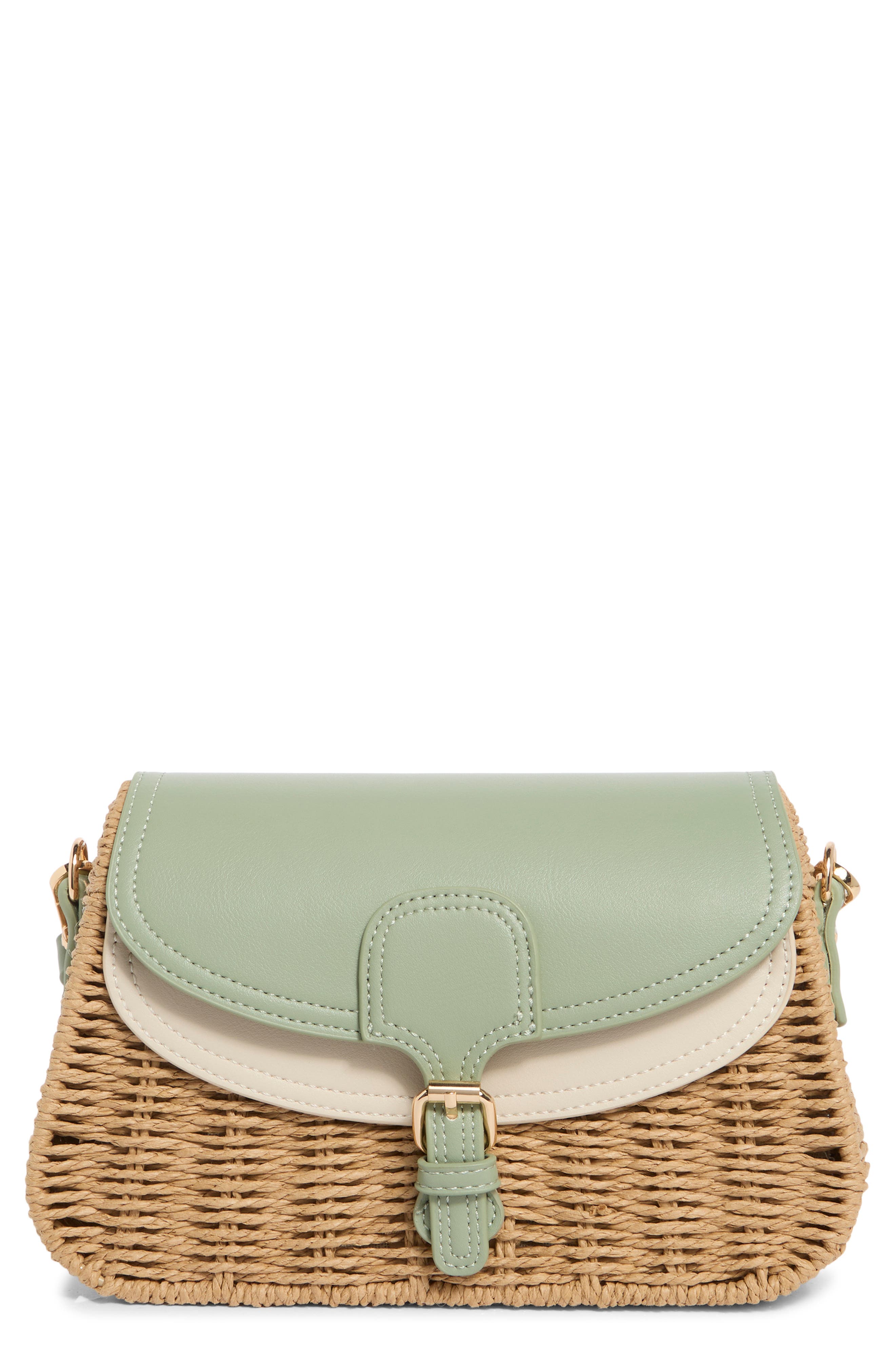 URBAN EXPRESSIONS HANDBAGS Straw & Faux Leather Crossbody Bag, Main, color, Sage Camel