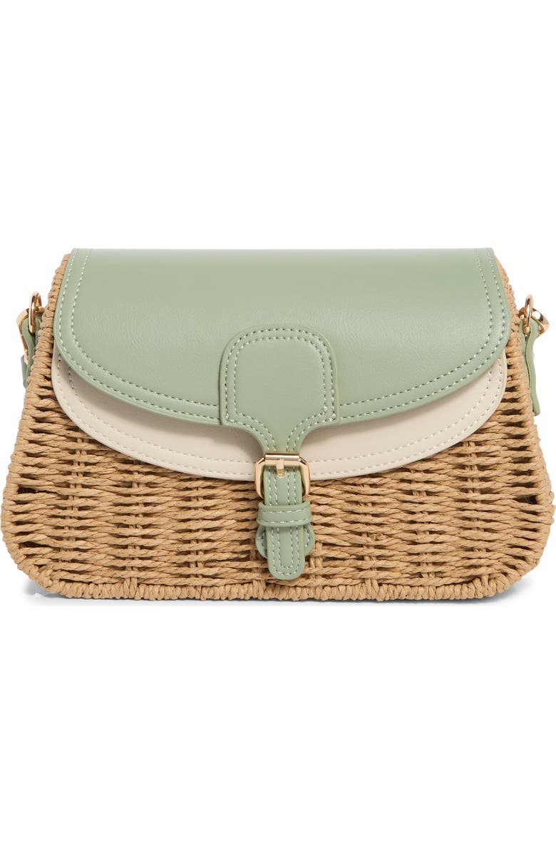 URBAN EXPRESSIONS HANDBAGS Straw & Faux Leather Crossbody Bag, Main, color, Sage Camel