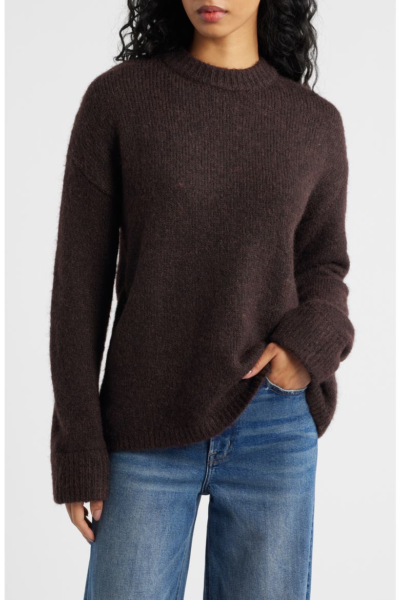 Boxy Fluffy Crewneck Sweater, Main, color, CHOCOLATE