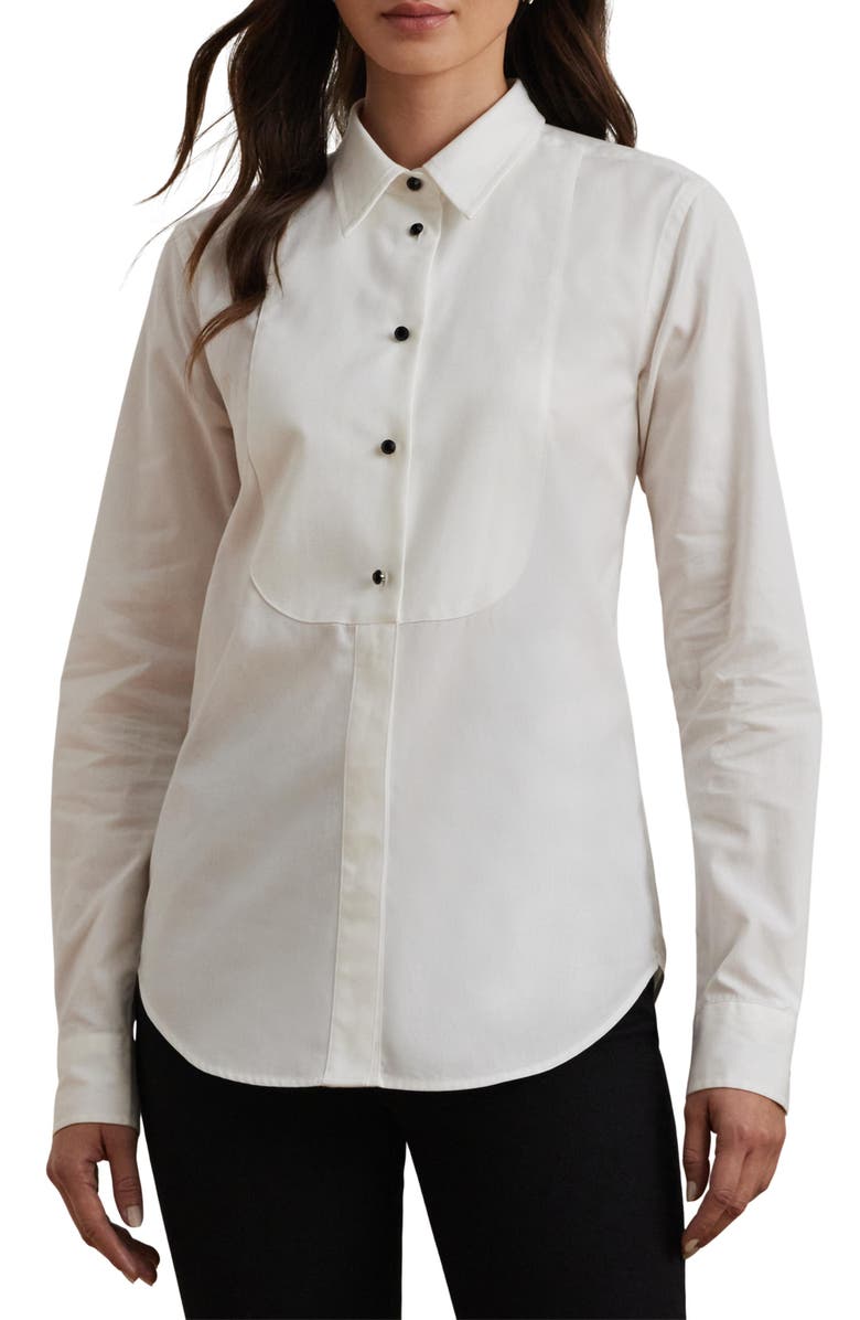 Lauren Ralph Lauren Bib Front Cotton Broadcloth Tuxedo Shirt, Main, color, 