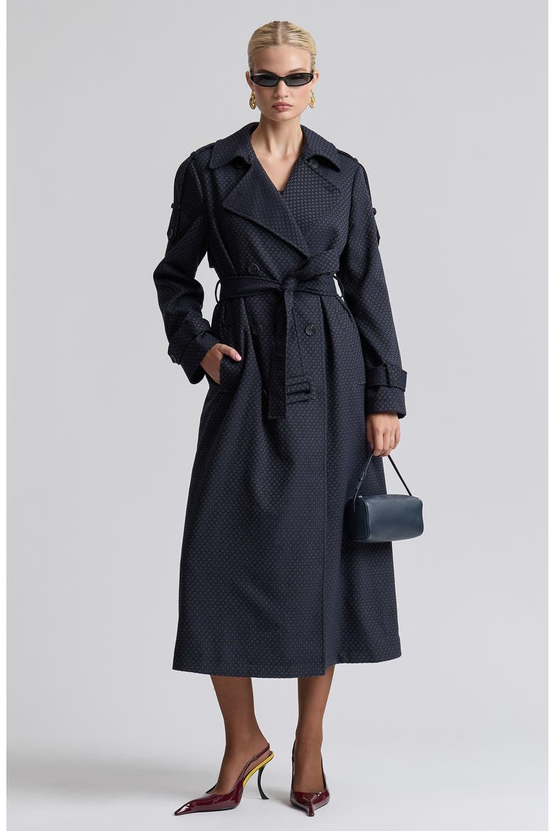 Relaxed Double Breasted Jacquard Trench Coat, Alternate, color, NAVY JACQUARD