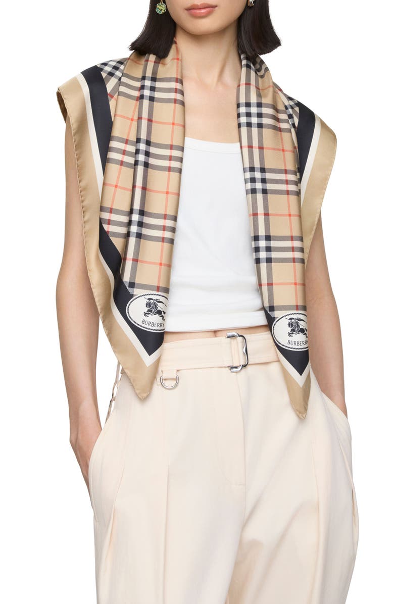 Burberry Medium Check EKD Stamp Square Silk Twill Scarf, Alternate, color,