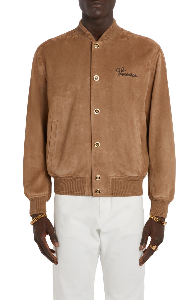 Versace Medusa Embroidered Suede Bomber Jacket, Main, color, 