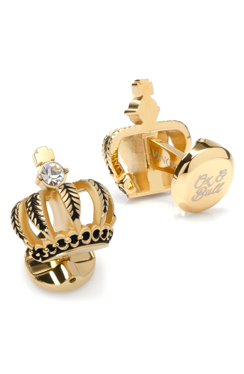 Cufflinks, Inc. Vincent De Paul 3D Crown Gold Crystal Cuff Links & Stud Set, Alternate, color, Gold