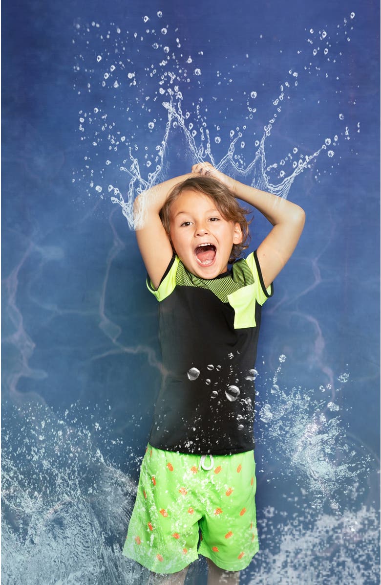 NESSI BYRD Pineapple Embroidery Striped Drawstring Swim Trunks, Toddler, Little Kid & Big Kid, Alternate, color, Green