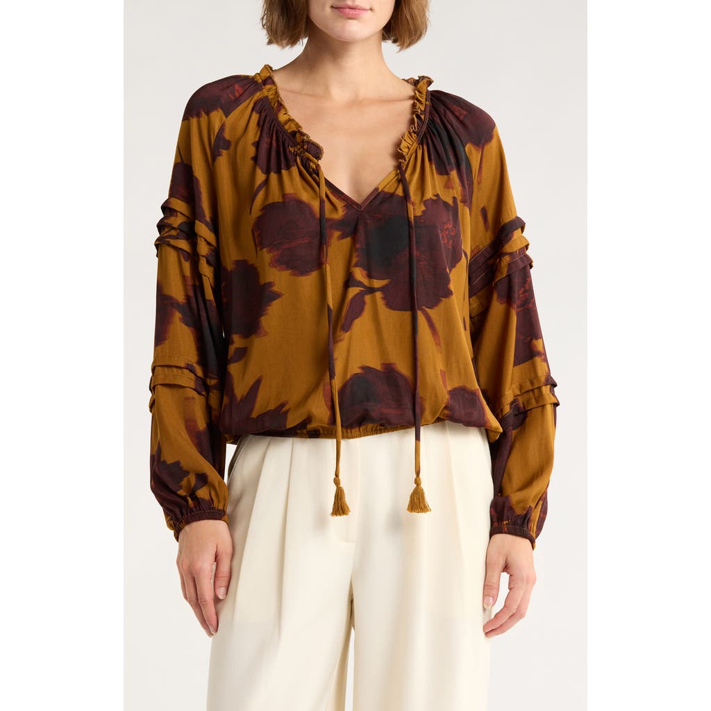 Dr2 By Daniel Rainn Long Sleeve Tie Front Satin Top In Brown