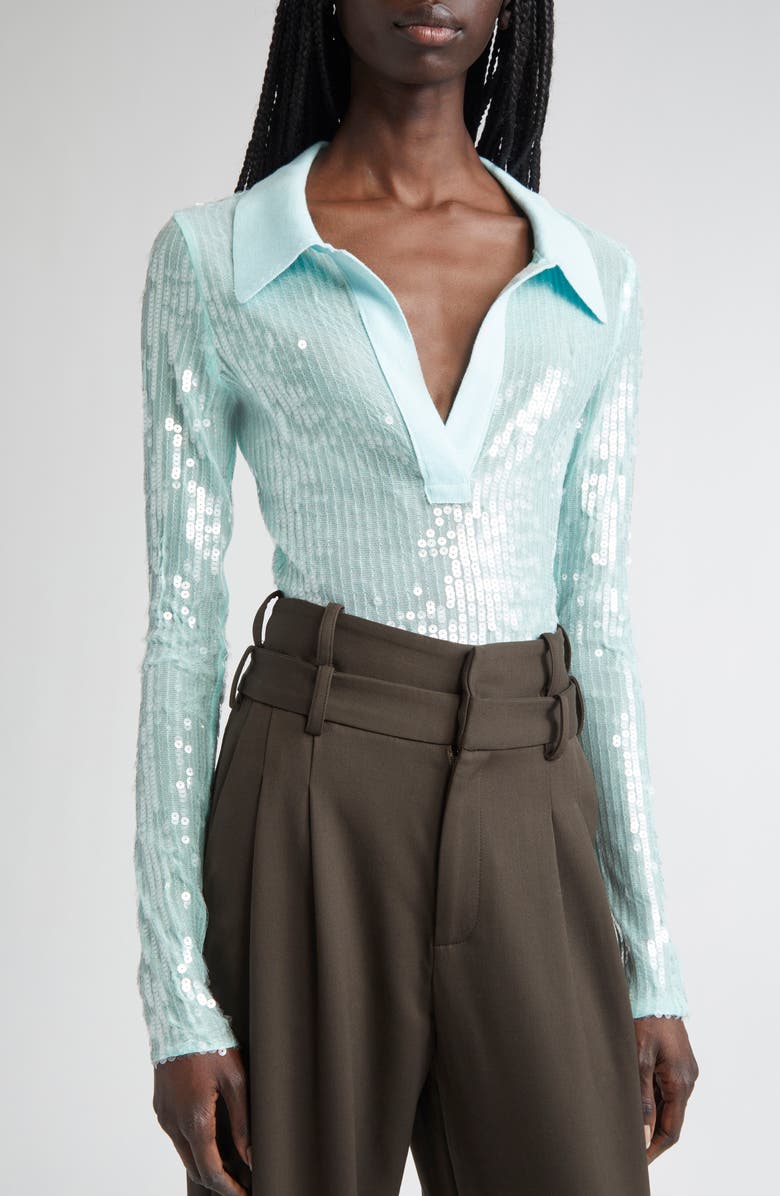 MONSE Sequin Long Sleeve Polo, Alternate, color, Sea Foam