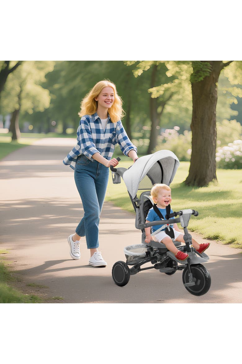 Kids Tricycle with Adjustable Push Handle and Removable Canopy, Alternate, color, Gray