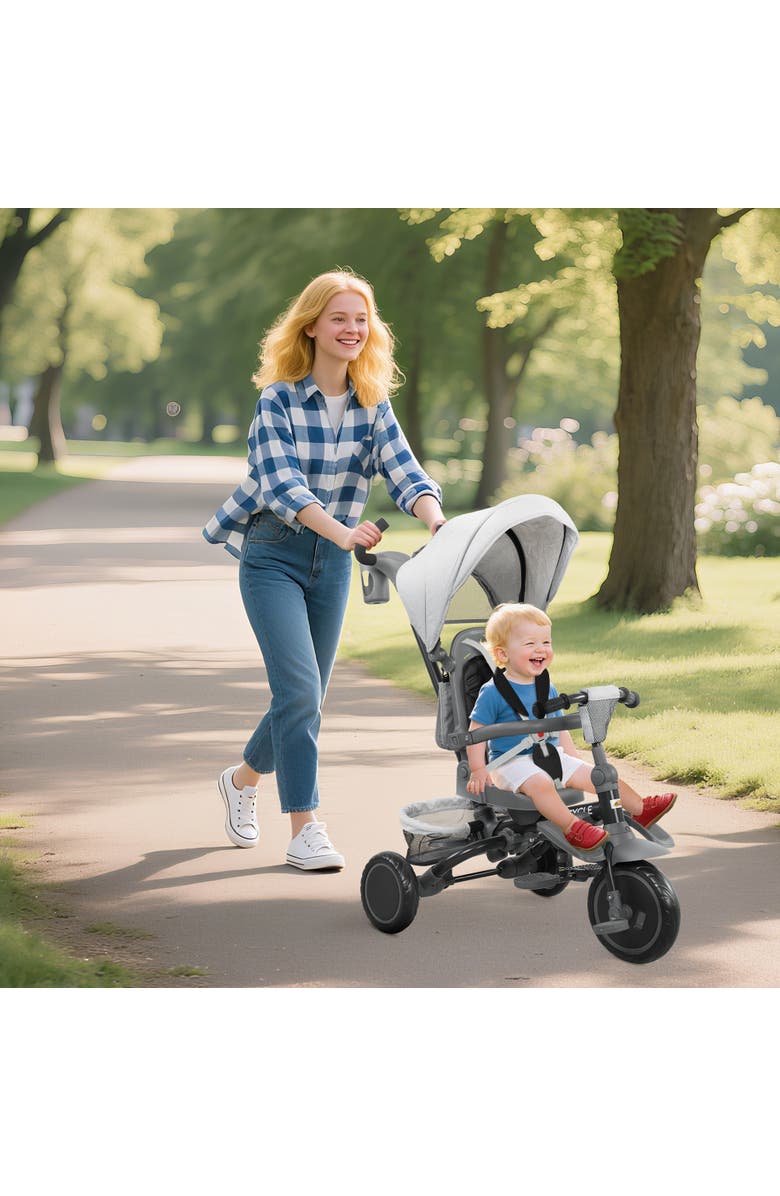 Qaba Kids Tricycle with Adjustable Push Handle and Removable Canopy, Alternate, color, Gray