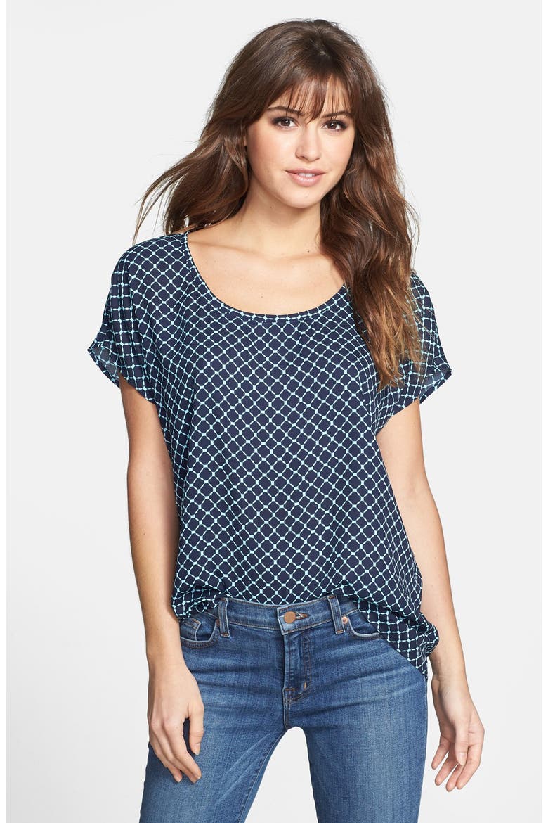 Scoop Neck Short Sleeve Blouse, Main, color, NAVY/ PASTEL GREEN OCTAGON