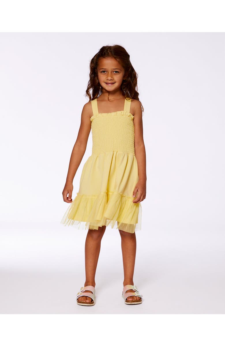 Deux par Deux Girl's Smocked Organic Cotton Dress With Mesh Frill Yellow, Alternate, color, 